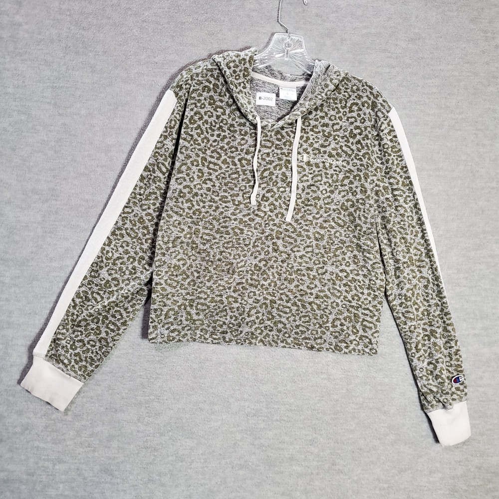 Champion Women Sweatshirt Large Gray Leopard Print Hoodie Logo Crop‎ Pullover